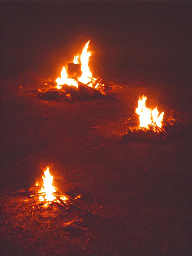 Prompt: cinestill of bonfire at night, film grain, 5 0 mm f / 1. 8