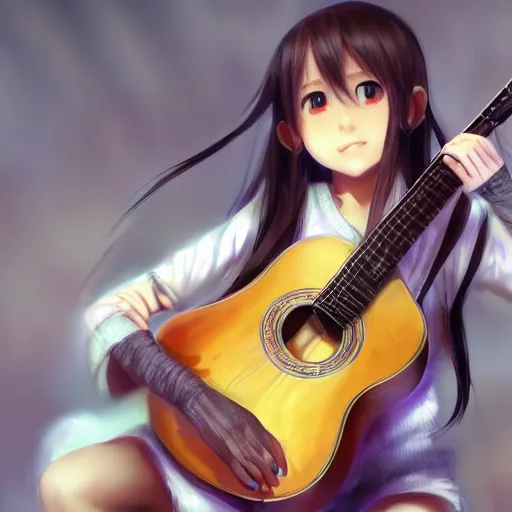 Prompt: a child yuuki asuna playing guitar, front view, mid - shot, highly detailed, cinematic wallpaper by stanley artgerm lau