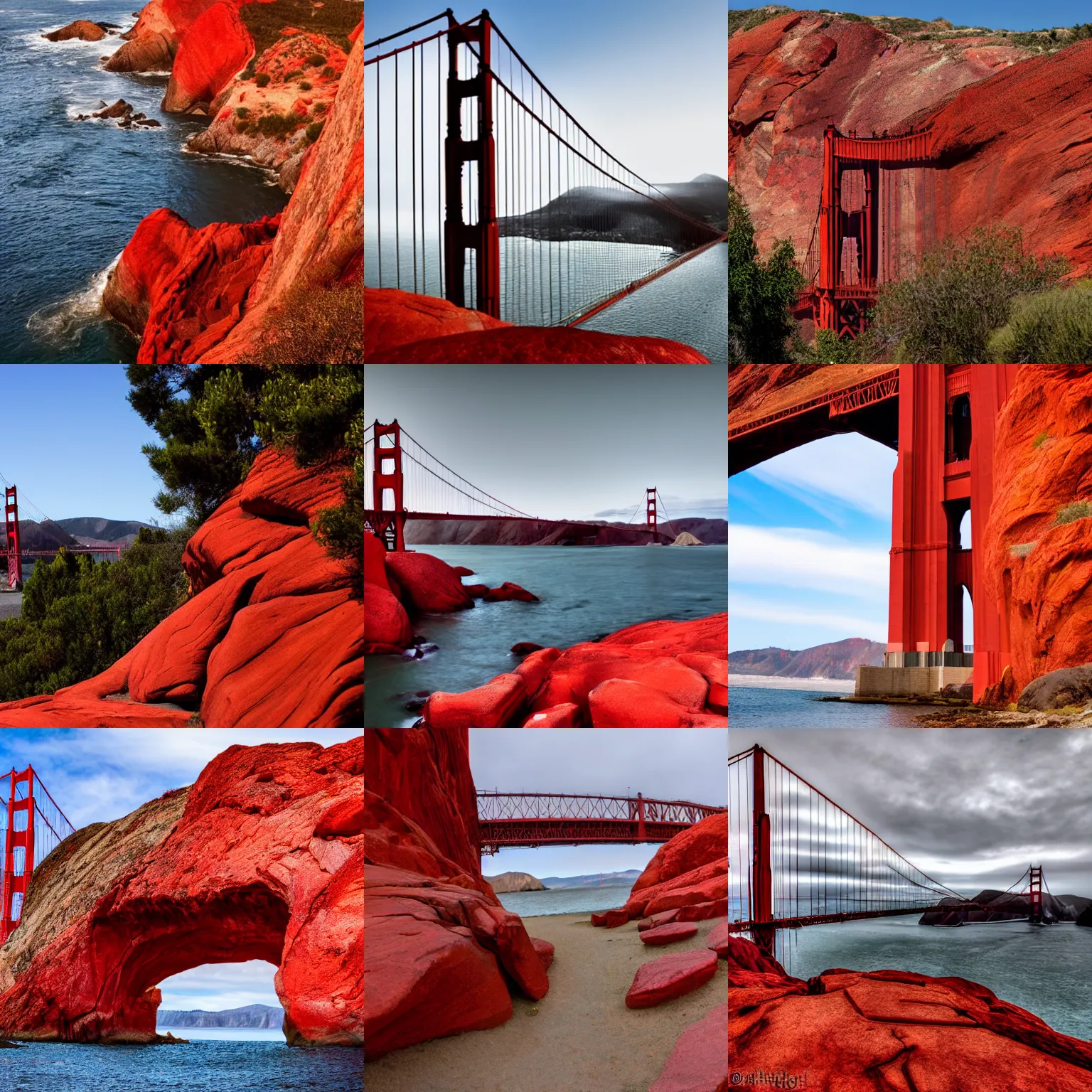 Prompt: the golden gate bridge but made from red rock