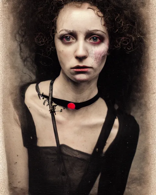 Prompt: an instant photo of a beautiful but creepy young woman in layers of fear, with haunted eyes and curly hair, wearing a vivienne westwood choker, 1 9 7 0 s, seventies, wallpaper, moorland, a little blood, moonlight showing injuries, delicate embellishments, painterly, offset printing technique, by mary jane ansell