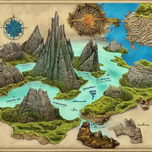 Prompt: map of an imaginary island in a fantasy world, drawing of different elements in the lands, different realms, blueprint, infographic, on paper, natural colors, adventure, bionicle, different colors, vintage, with notes, highly detailed, trending on artstation, fantasy art