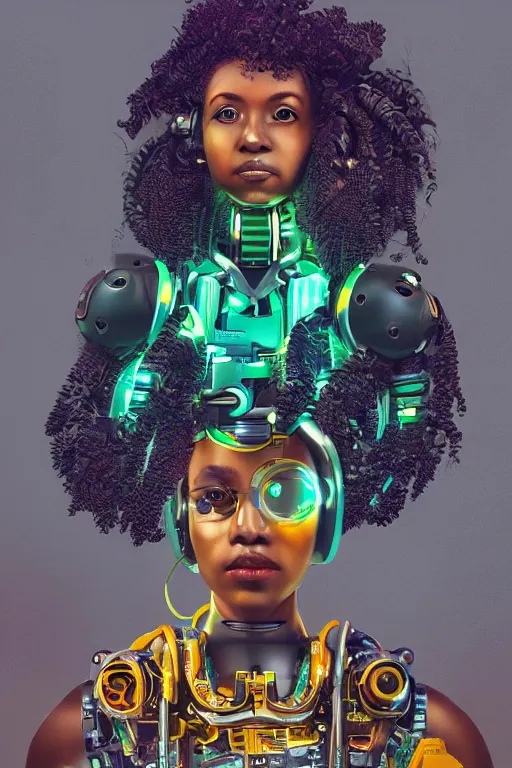 Image similar to a black girl fixing a robot, in the nature, mixing solarpunk, afropunk and cyberpunk technology and aesthetic ( ( ( ( volumetric light ) ) ) ), high angle, part by pearl fryar, part by prince damah, sunny day, trending on artstation, cinematic view, illustration, painting.