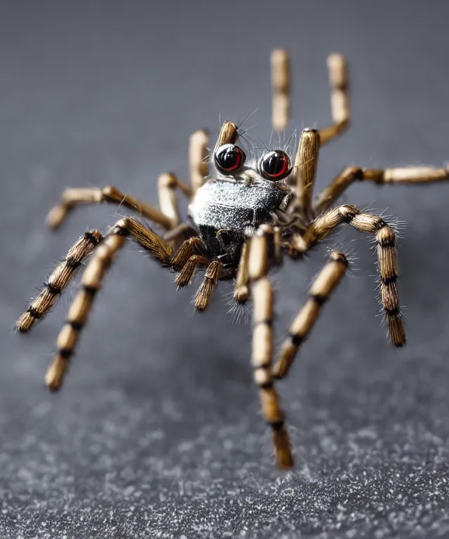 Image similar to high quality presentation photo of a cute miniature robot spider, photography 4k f1.8 anamorphic bokeh 4k Canon Nikon