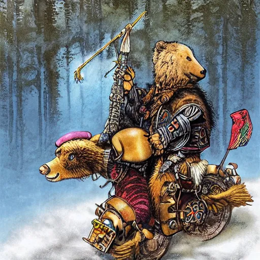 Prompt: jimi hendrix as a viking riding a mechanical robot bear through the russian forest by keith thompson