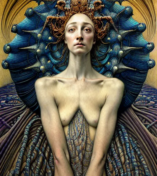 Image similar to detailed realistic beautiful young medieval alien queen face portrait by jean delville, gustave dore and marco mazzoni, art nouveau, symbolist, visionary, gothic, pre - raphaelite, iridescent fractal details. horizontal symmetry by zdzisław beksinski, iris van herpen, raymond swanland and alphonse mucha. highly detailed, hyper - real, beautiful