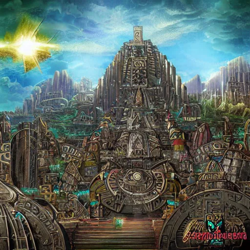 Prompt: Aztec fantasy metropolis, digital art