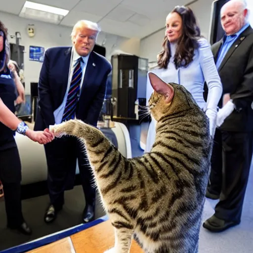 Image similar to cat astronaut shakes the hands with trump