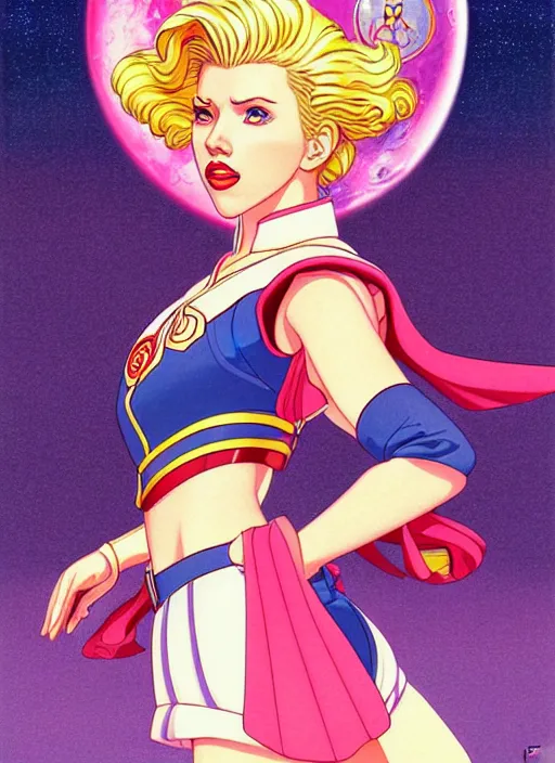 Image similar to perfectly centred realistic picture of scarlett johansson as a sailor moon, calls on the phone at futuristic office, highly detailed, 8 0 - s style poster, sharp focus, illustration, art by kawase hasui,