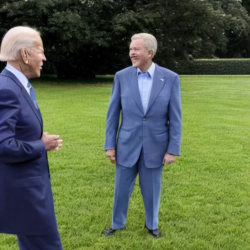Image similar to Joe Biden and George W. Bush converse on the White House Lawn. 2022. AP Photo
