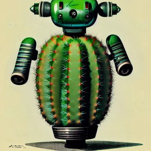 Image similar to medium shot 1950s retro cactus robot, Bionic Arms and eyes. muted colours. by Jean-Baptiste Monge