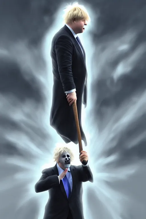 Image similar to a realistic portrait of Boris Johnson as Grim Reaper, masculine figure, bright hopeful atmosphere, volumetric lights, beam of bright light through the clouds, intricate, elegant, highly detailed, extremely detailed, digital painting, artstation, concept art, matte, smooth, sharp focus, hyper realistic, illustration, art by Artgerm and Greg Rutkowski and Alphonse Mucha