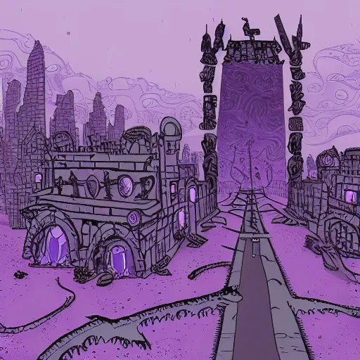 Prompt: purple, eldritch, corruption, sickness, taint, magic, spreading across a dead city