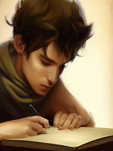 Image similar to a young handsome guy, writing a poem. intricate, elegant, highly detailed, digital painting, artstation, concept art, sharp focus, illustration, by justin gerard and artgerm, 8 k