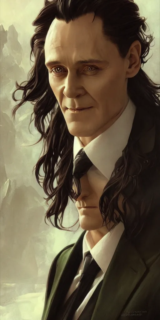 Prompt: Loki in a business suit, artists portrait, fantasy, highly detailed, digital painting, concept art, sharp focus, depth of field blur, illustration, art by artgerm and greg rutkowski and alphonse mucha