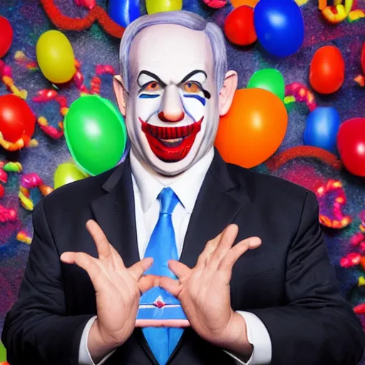 Prompt: portrait of Benjamin Netanyahu dressed as a clown wearing clown makeup and sticking his tongue out in his office, dark background, ambient lighting, dynamic lighting, vibrant colors, 4K, HQ, official media