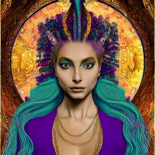 Prompt: intricate details, hyper detailed, mystic alchemical occult art, sumerian goddess inanna ishtar, ashteroth, techno mystic goddess princess intergalactica, with aqua neon rapunzel dreadlocks, detailed, wearing seashell attire, crystal pathway on the sea to atlantis, by sandro botticelli