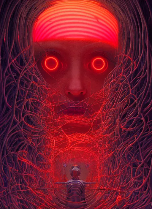 Image similar to A wall made out of eyes, flat, neon, RGB, glowing wires everywhere, pristine, by Edgar Maxence and Ross Tran, Zdzisław Beksiński, and Michael Whelan, gustav dore, H.R. Giger, 8k, octane render