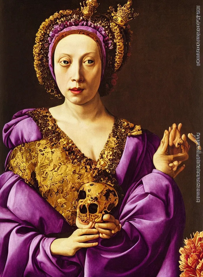 Image similar to portrait of a woman with a golden skull instead of a head with a big crown and in a dress of big purple peony petals, oil painting in a renaissance style , very detailed, red background, painted by Caravaggio.