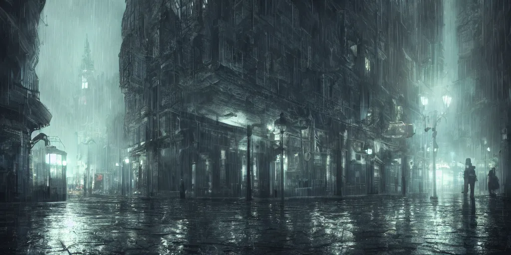 Image similar to a cold and melancholic city in a dark cavern, rainy and gloomy atmosphere, fantasy digital art, octane render, beautiful composition, trending on artstation, award - winning photograph, masterpiece