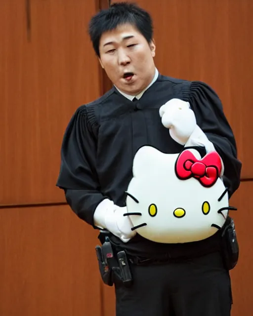 Image similar to Angry Hello Kitty, in a courtroom