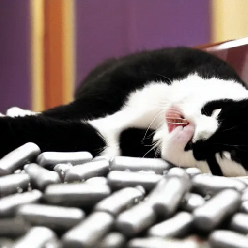 Image similar to A tuxedo cat lying on top of a pile of narcotics seized by the authorities with the police in the back, photo from the police