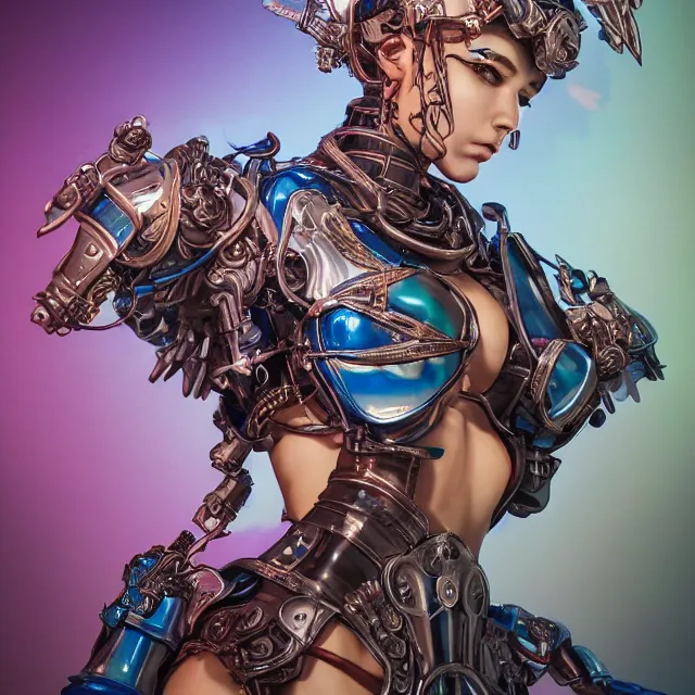 Image similar to studio portrait of lawful good colorful female holy mecha paladin absurdly beautiful, elegant, young thin bikini model, ultrafine hyperrealistic detailed face illustration by kim jung gi, irakli nadar, intricate linework, sharp focus, bright colors, matte, octopath traveler, final fantasy, unreal engine highly rendered, global illumination, radiant light, intricate environment