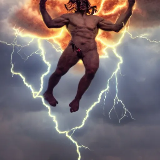 Prompt: a god made out of thunder throwing lightning bolts through the clouds at demons