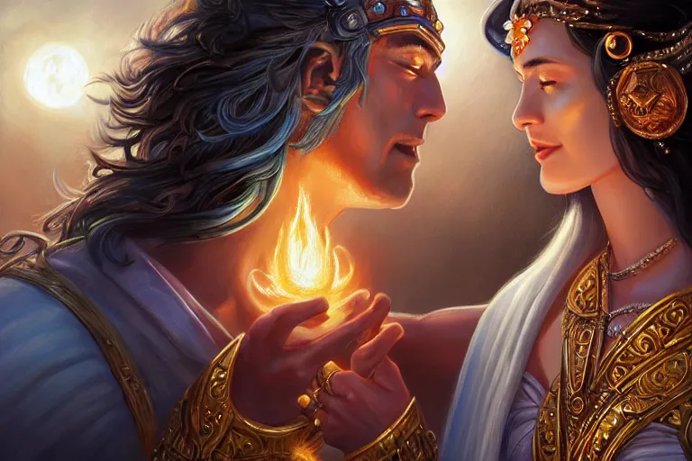 Image similar to close up moment of a divine a sun god and a moon goddess lovers magician at a wedding banquet, highly detailed, d & d, fantasy, highly detailed, digital painting, trending on artstation, concept art, sharp focus, illustration, art by artgerm and daniel gerhartz and magali villeneuve