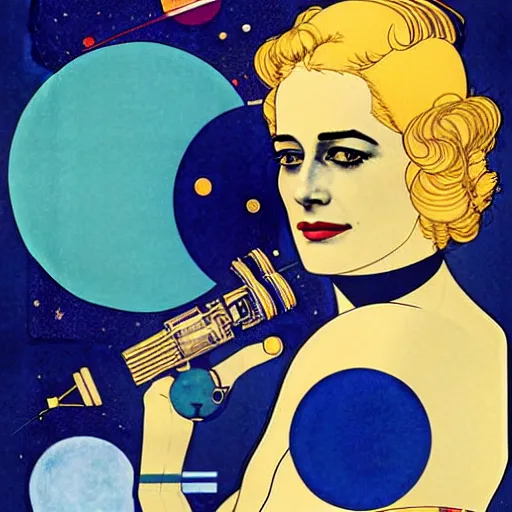 Image similar to Art by Coles Phillips, Portrait of Eva Green as Space Commander Zeta from the Year 3000, Mucha, Kandinsky, indigo, teal, gold