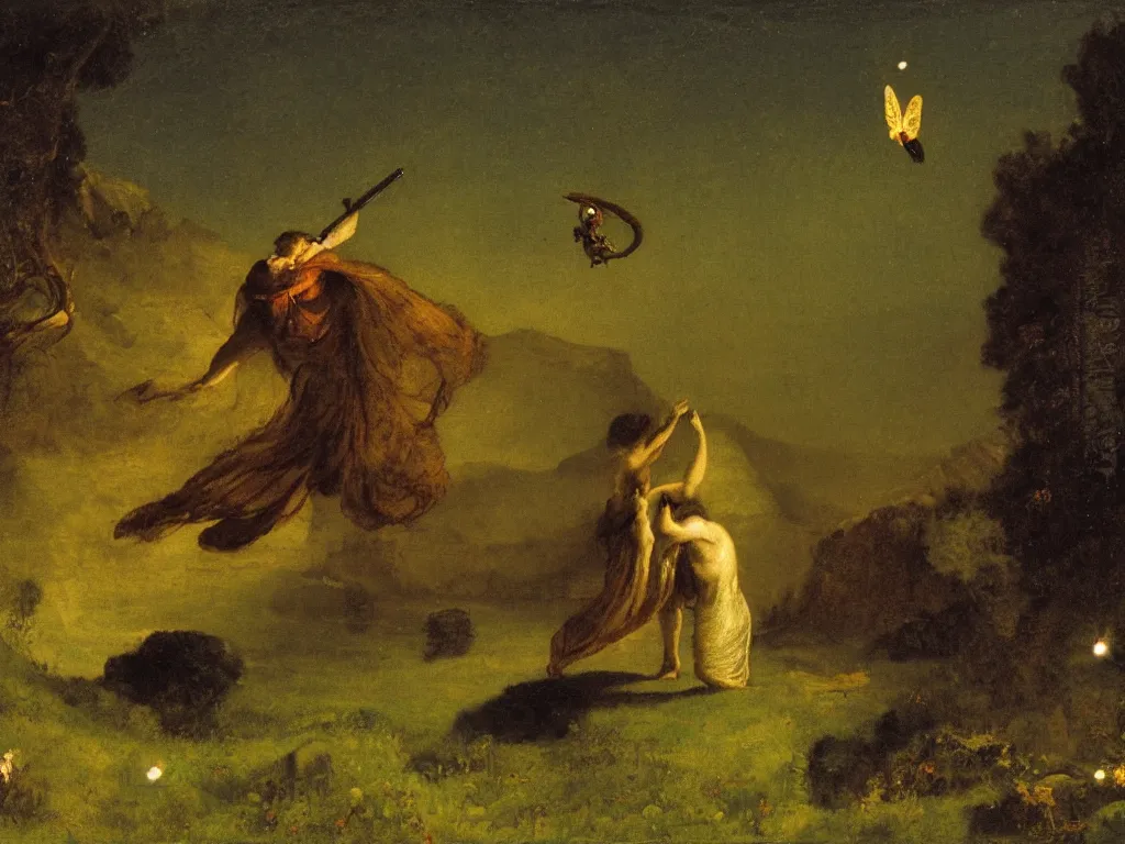 Prompt: Man fighting a phosphorescent moth under the stars, painting by Arnold Bocklin