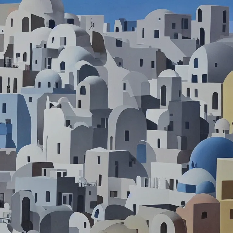 Image similar to a painting of abstract buildings like santorini by zaha hadid and yves tanguy