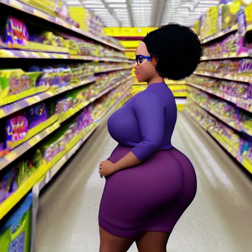 Image similar to high quality, highly detailed, still of black bbw woman in wal-mart follow shot, 3d, in the style of pixar, comic book style, 3d, highly detailed, 16k resolution, octane renderer, coherent, cinematic lighting