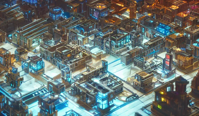 Image similar to large group people in open warehouse, looking at hologram of futuristic city on a table, cinematic concept art, godrays, golden hour, natural sunlight, 4 k, clear details, tabletop model buildings, center model buildings, hologram center, crane shot, crane shot, crane shot