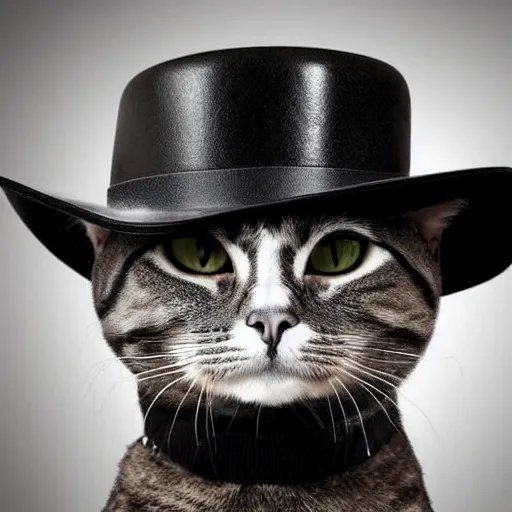 Image similar to a cat gentleman wearing a black leather hat, frontal view, cool looking