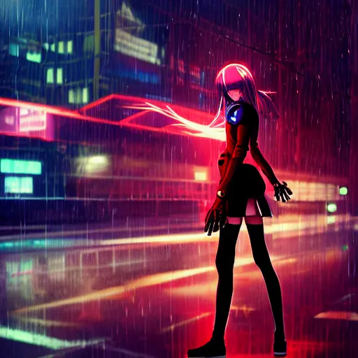 Prompt: digital anime, cyborg - girl standing in the middle of the wet street light bending around her, gaussian motion blur, refracting image, fish eyed lens, black red long hair!, biomechanical details, neon background lighting, reflections, wlop, ilya kuvshinov, artgerm