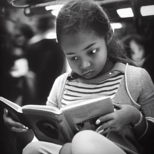 Image similar to “ girl reading a book in the new york city subway, detailed faces, photograph by henri cartier - bresson ”