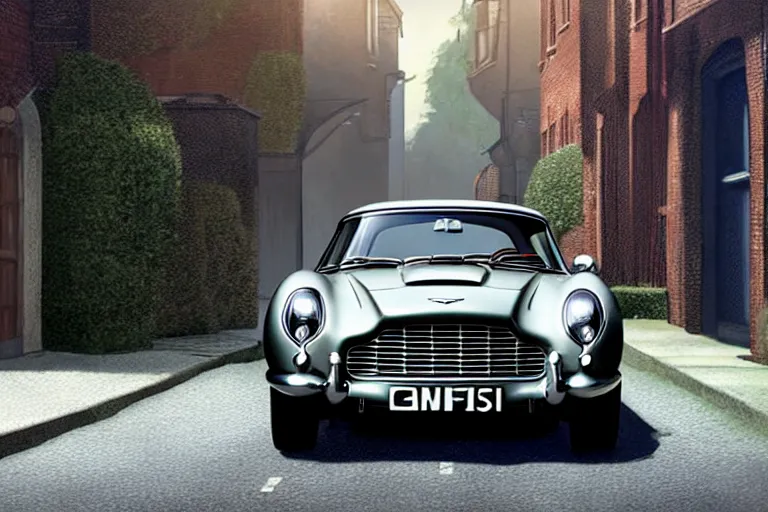 Image similar to a wholesome animation key shot of one short - wheelbase aston martin db 5, in a rich london mews residential street, waist height, medium range, studio ghibli, ( pixar ) and disney animation, sharp, very detailed, unreal engine 5 render, bloom, high resolution, anime key art by greg rutkowski