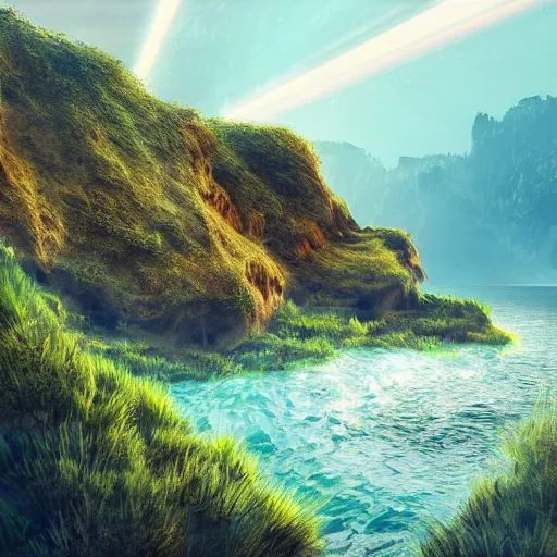 Prompt: digital art of a lush natural scene on an alien planet. beautiful landscape. weird vegetation. cliffs and water. grainy and rough. soft interesting colour palette. beautiful light. high quality render.