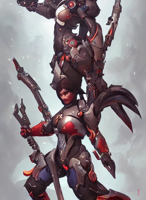 Image similar to beautiful new character for overwatch, character concept art, full body armor, dual wielding swords, super powers, long red hair, symmetry, intricate design, shiny, highly detailed, hd, dramatic lighting, art by artgerm and greg rutkowski