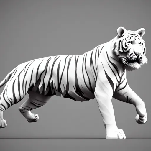 Image similar to a low - poly render of a white tiger in a dynamic action pose dwelling in the spirit realm, low poly 3 d, octane render, dramatic dreamlike lighting