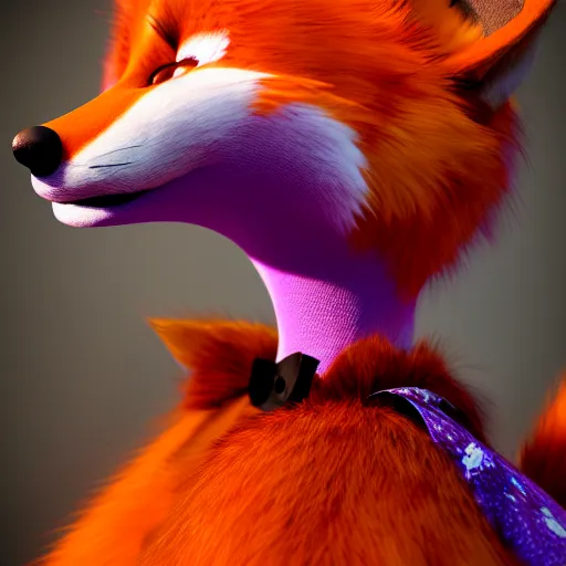 Image similar to majestic art of purple orange red furred anthropomorphic female furry fox wearing a maid dress, 8k resolution, high detail, ULTRA REALISTIC VFX, reflections, post processing