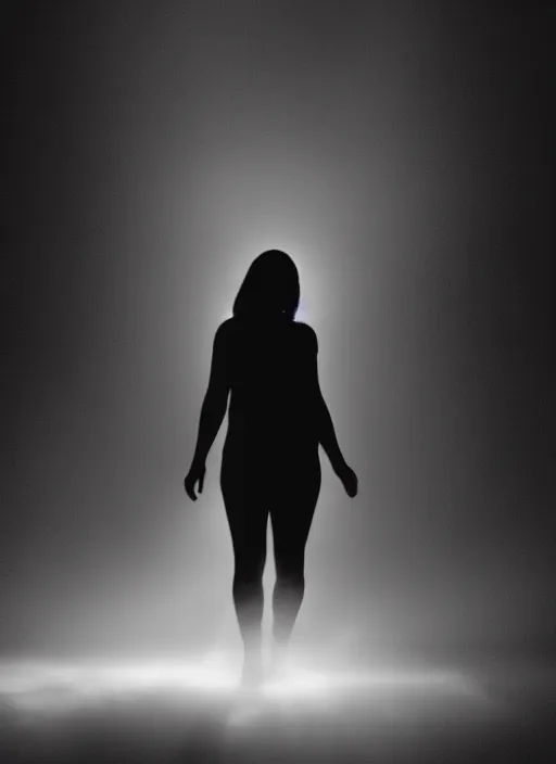 Image similar to a female silhouette walking, white glowing aura, out of body, fog, film grain, cinematic lighting, astral projection