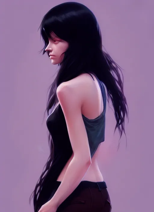 Image similar to ultradetailed beautiful stylish young lady wearing a short top, dramatic, she has black long hair, distressed, volumetric light, full body portrait by greg rutkowski, ilya kuvshinov, james jean, makoto shinkai, on artstation