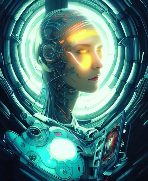 Image similar to a whirlwind of souls rushing inside the metaverse, half body, glowin eyes, android, cyborg, cyberpunk face, by loish, d & d, fantasy, intricate, elegant, highly detailed, colorful, vivid color, digital painting, artstation, concept art, art by artgerm and greg rutkowski and alphonse mucha and ruan jia
