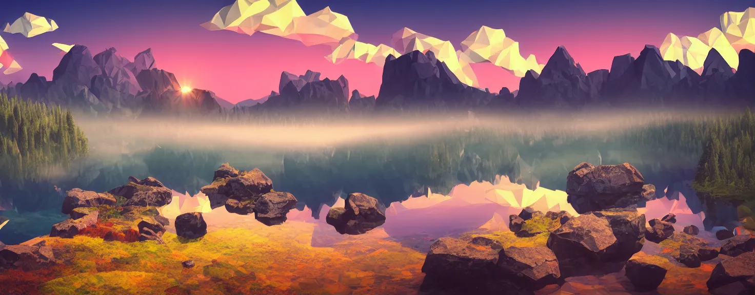 Image similar to super detailed color lowpoly art, northern sunset with rocks on front, blured monochromic lake in the middle of perspective and foggy mountains at background, graphic reindeers in random points, unreal engine, gothic rich deep colors, molotow premium pastel color palette, imperial boy, 3d render, lowpoly, colorful, digital art