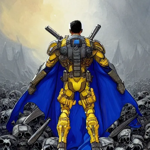 Image similar to a full body shot from distance from behind of a super soldier with a yellow and blue flag standing on a huge pile of skulls in triumph after battle, western, D&D, fantasy, intricate, elegant, highly detailed, digital painting, artstation, concept art, matte, sharp focus, symmetrical, illustration, art by Artgerm and Greg Rutkowski and Alphonse Mucha