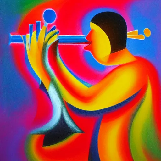 Prompt: a beautiful abstract painting of a man playing a flute in the style of anatole krasnyansky, trending in deviantart, 4k, high detail