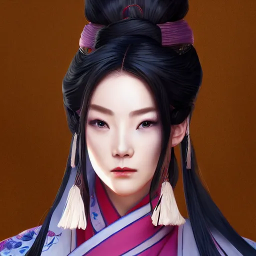 Image similar to woman wearing hanfu, middle shot, digital art, highly detailed, intricate, sharp focus, Trending on Artstation, HQ, unreal engine 5, 4K UHD image, by brom, loish, artgerm, face by Otto Schmidt