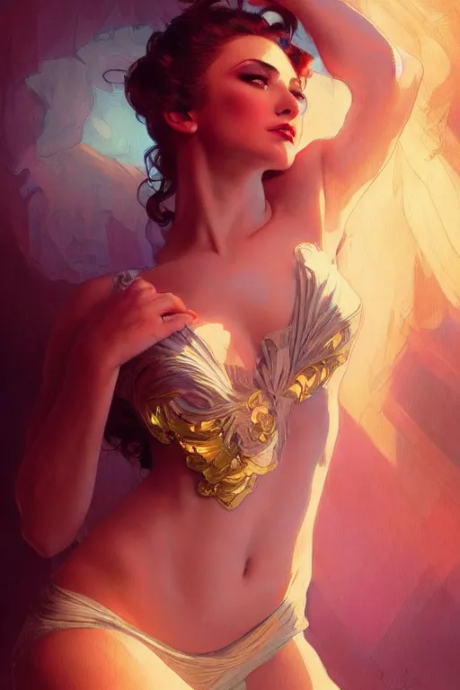 Image similar to a beautiful woman burlesque dancer on a stage, spotlight, highly detailed, digital painting, artstation, concept art, smooth, sharp focus, illustration, cinematic lighting, art by artgerm and greg rutkowski and alphonse mucha