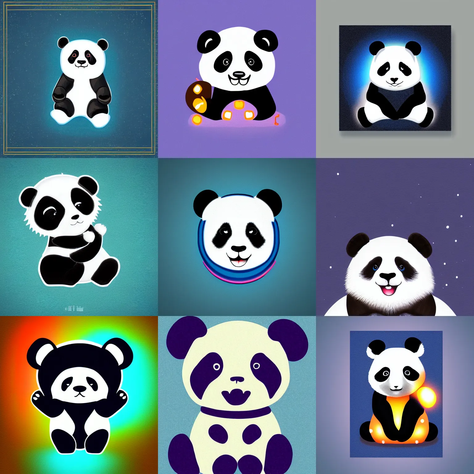 Prompt: cute panda, glowing retro colours, dark blue background, digital painting